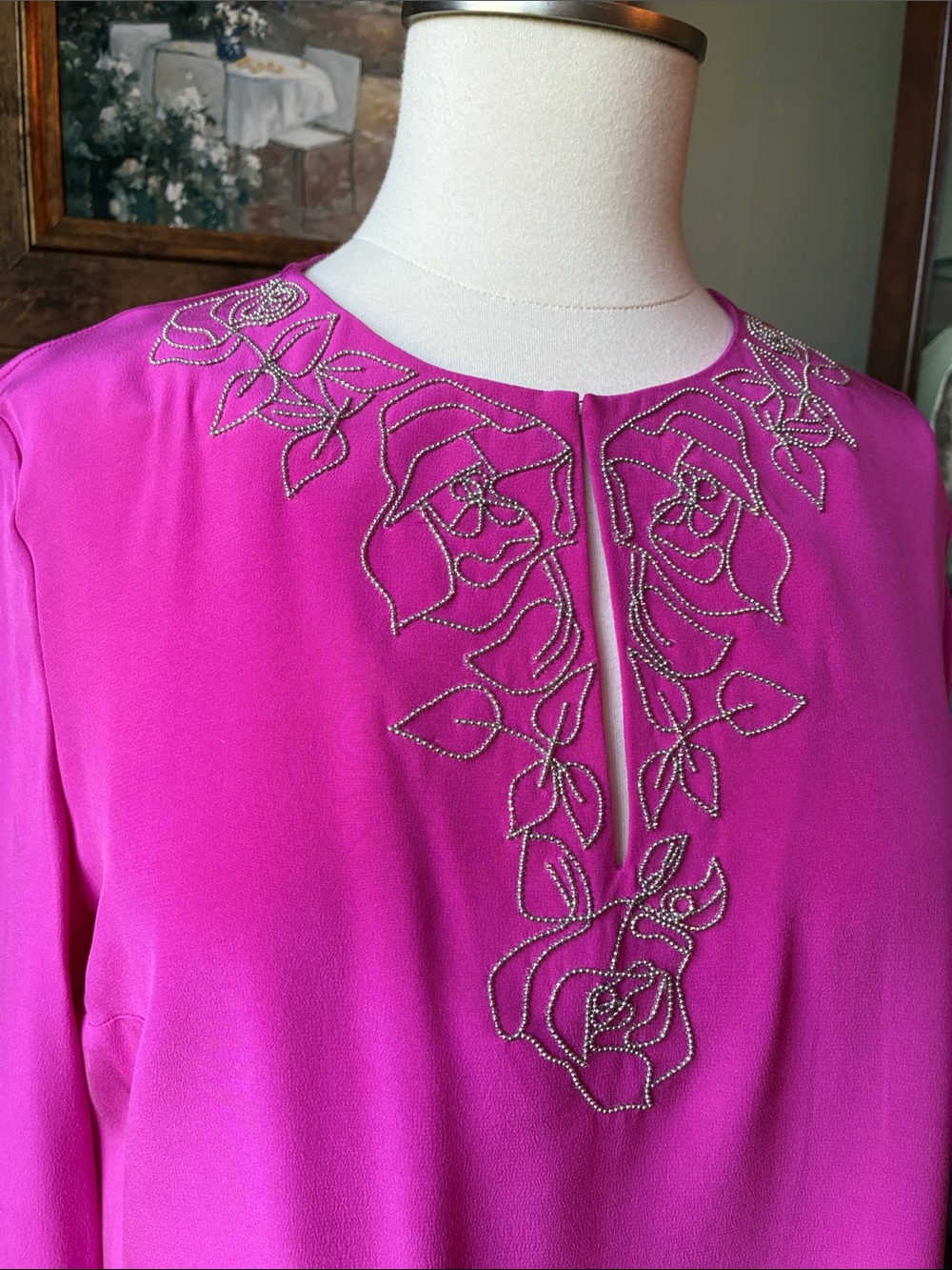 Anne Klein Silk Vibrant Hot Pink Embroidered Tunic Size Medium - Picture 3 of 8